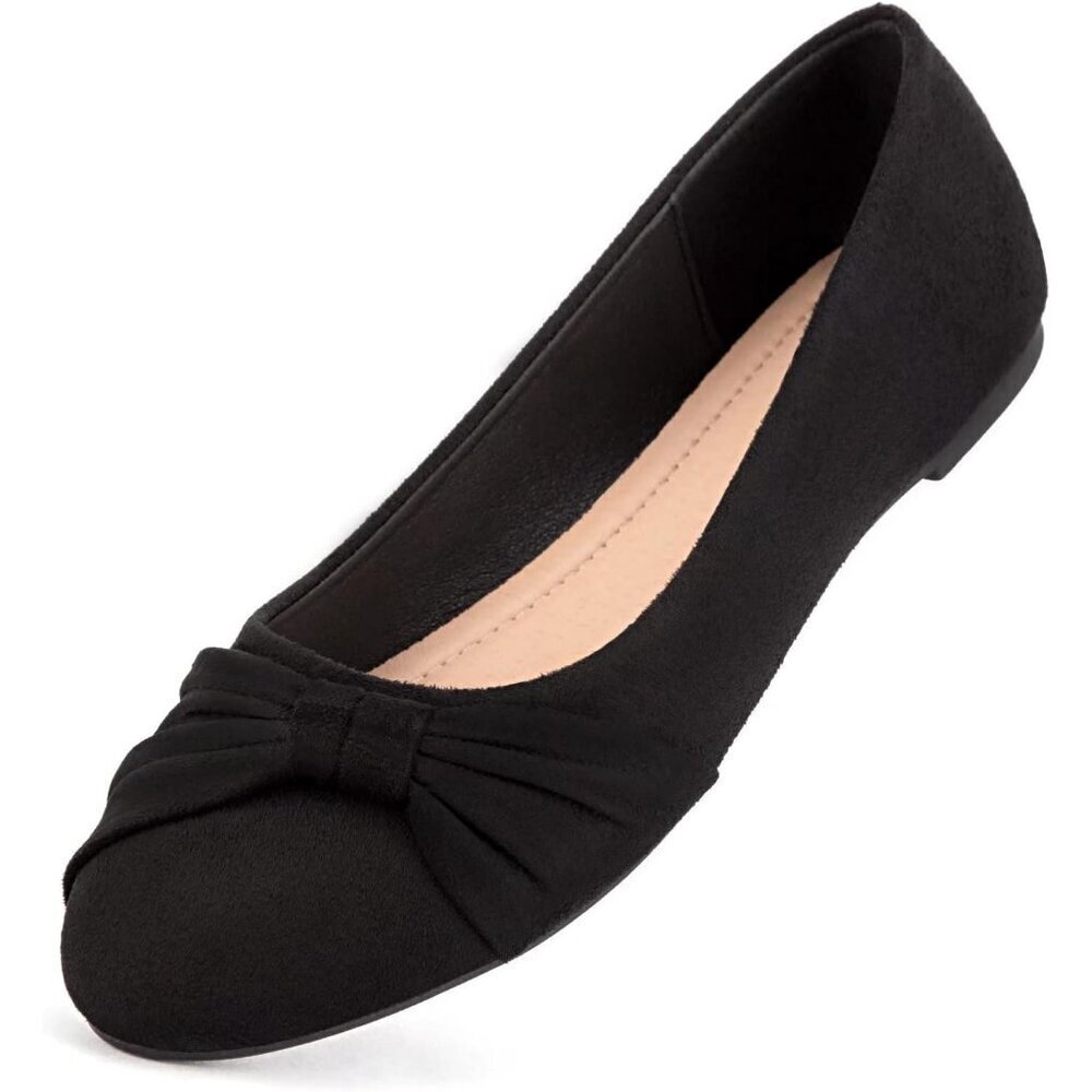 Women Black Rubber Slip On Closed Round Toe  Low Wedge Soft Ballet Flats Shoes